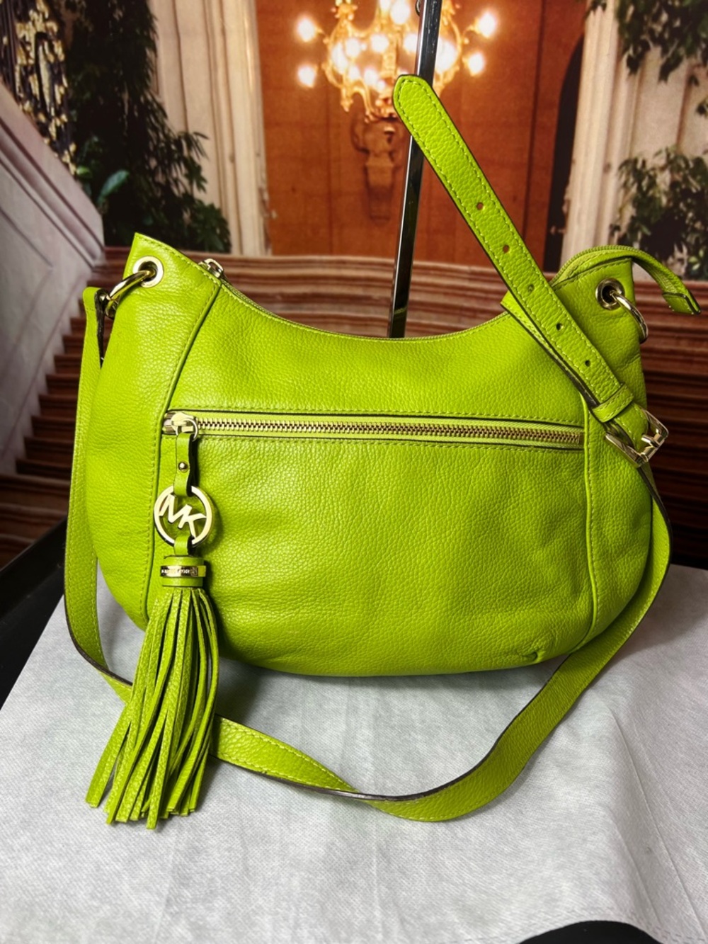 Michael Kors Neon Lime Leather Tassel Shoulder Bag